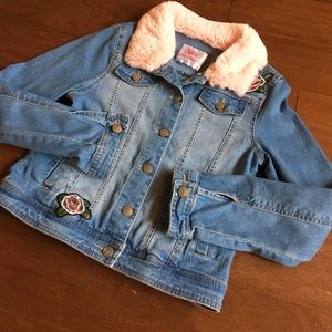 New Justice Denim jacket with fur trim sequin rose